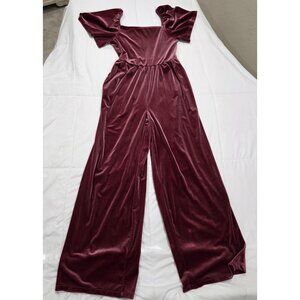 Old Navy Velvet Jumpsuit With Puff Sleeves In Burgundy